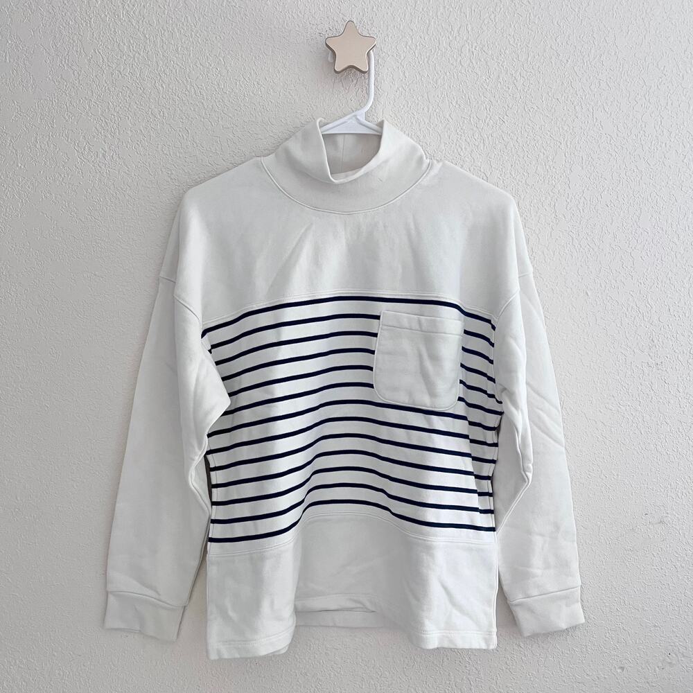 Madewell White Cotton Mockneck Pocket Sweatshirt in Nautical Stripe Size Small